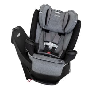 A gray and black convertible car seat with padded headrest, harness straps, cup holders, and an adjustable base—part of our Baby Travel Products Latest Deals and Discounts—designed for child safety in vehicles.