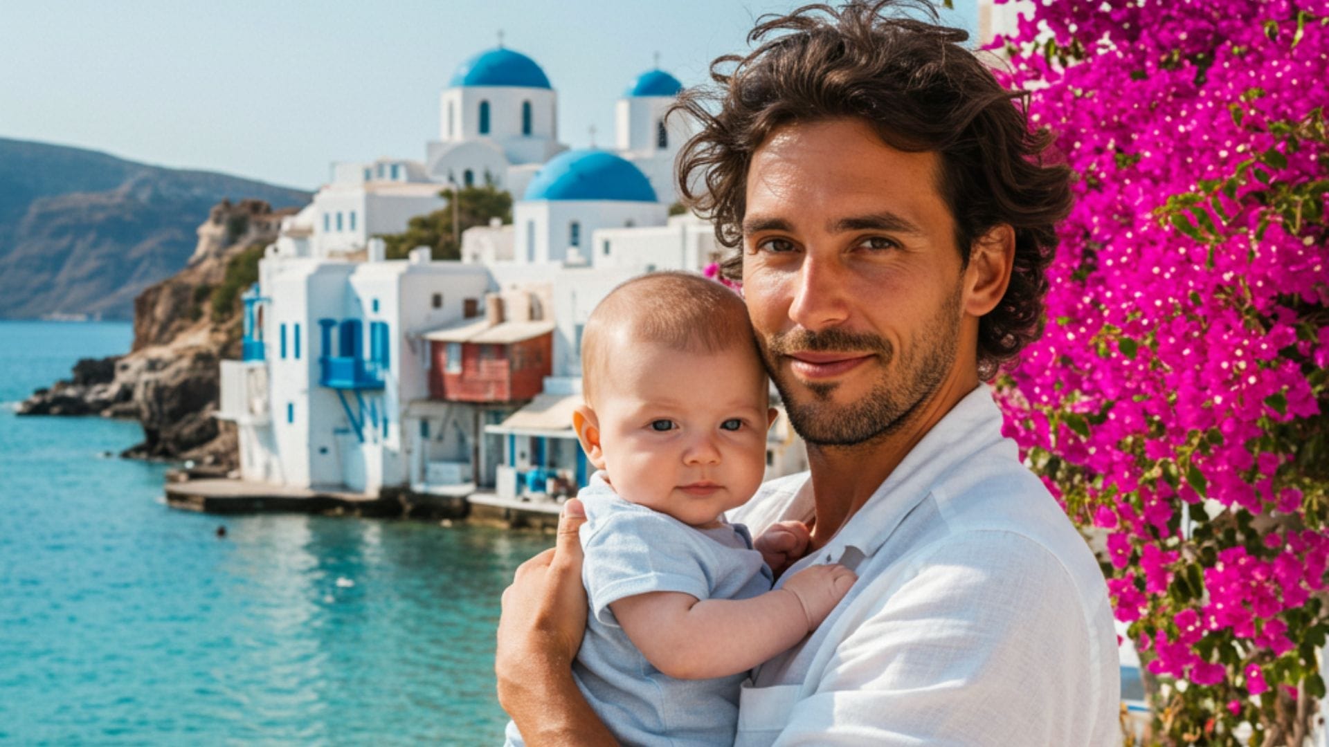 Father-holding-baby-on-tour-in-greece