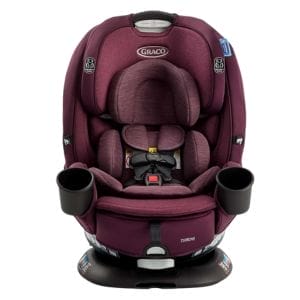 A maroon Graco child car seat with padded headrest, harness, and two black cup holders, shown upright on a white background—perfect for parents searching Baby Travel Products Latest Deals and Discounts.