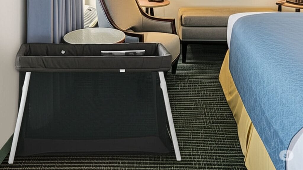 Guava Lotus Travel Crib kept in hotel room