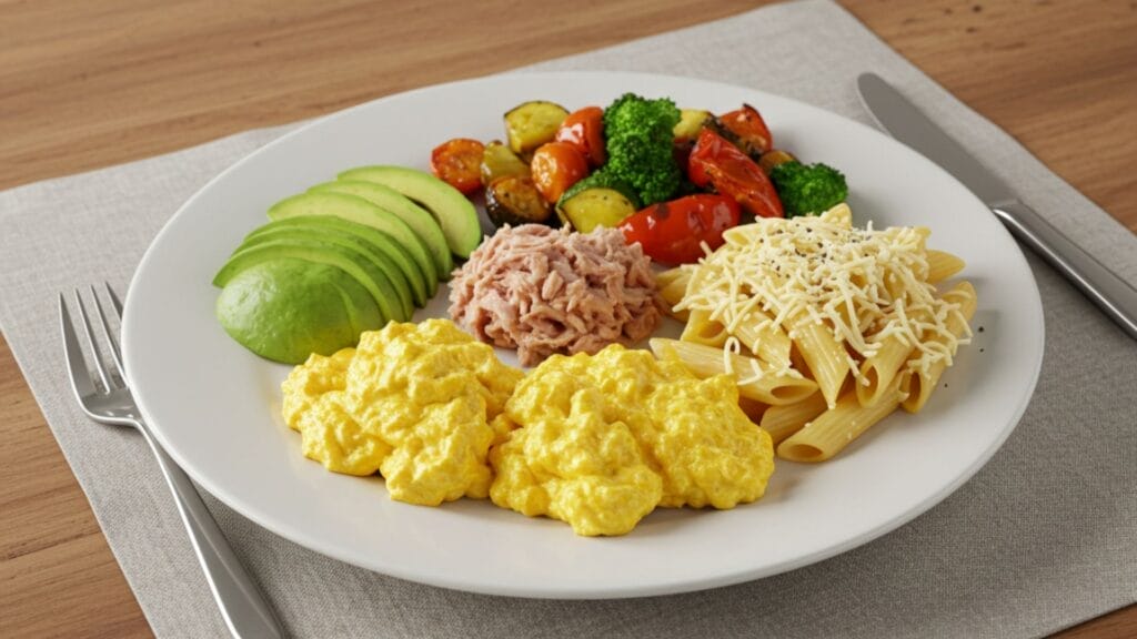 Avocado slices, Tinned tuna, Scrambled eggs, Roasted veggies, Cooked pasta with cheese or beans.