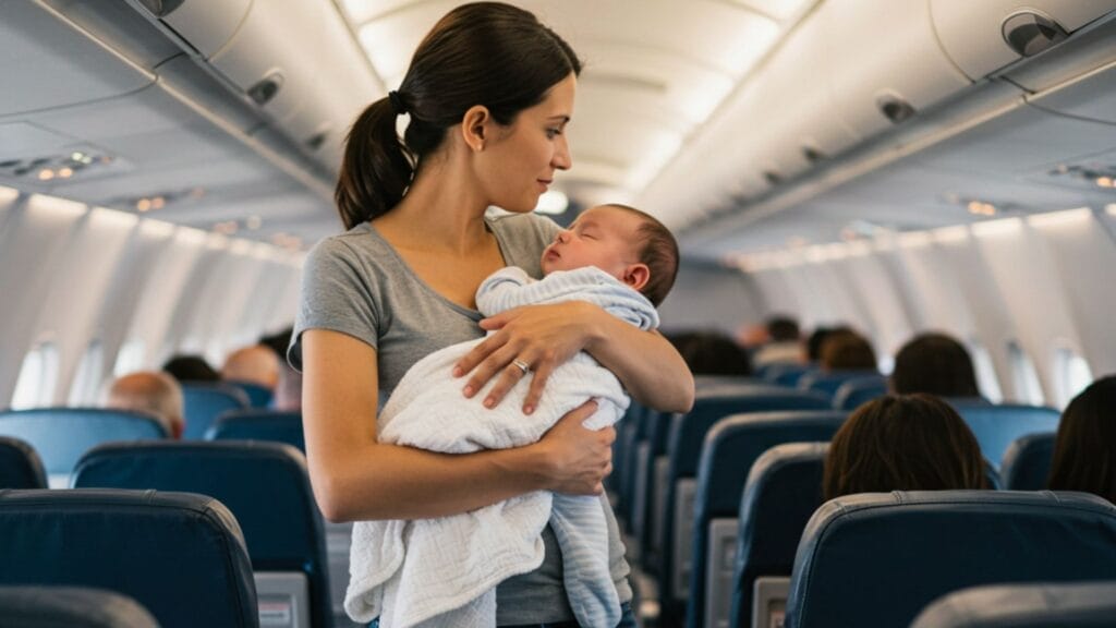 Mother-with-baby-walking-airplane-aisle