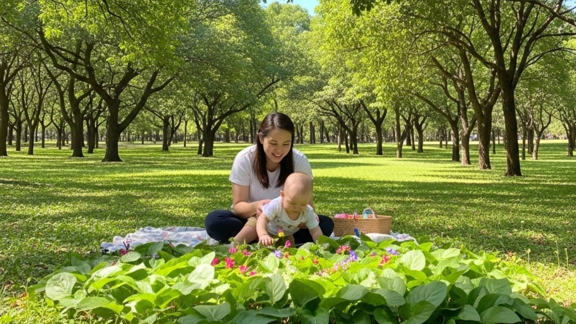 A-happy-parent-and-baby-enjoying-a-sunny-day-in-a-green-park-surrounded-by-trees-with-the-baby-exploring-leaves-and-flowers