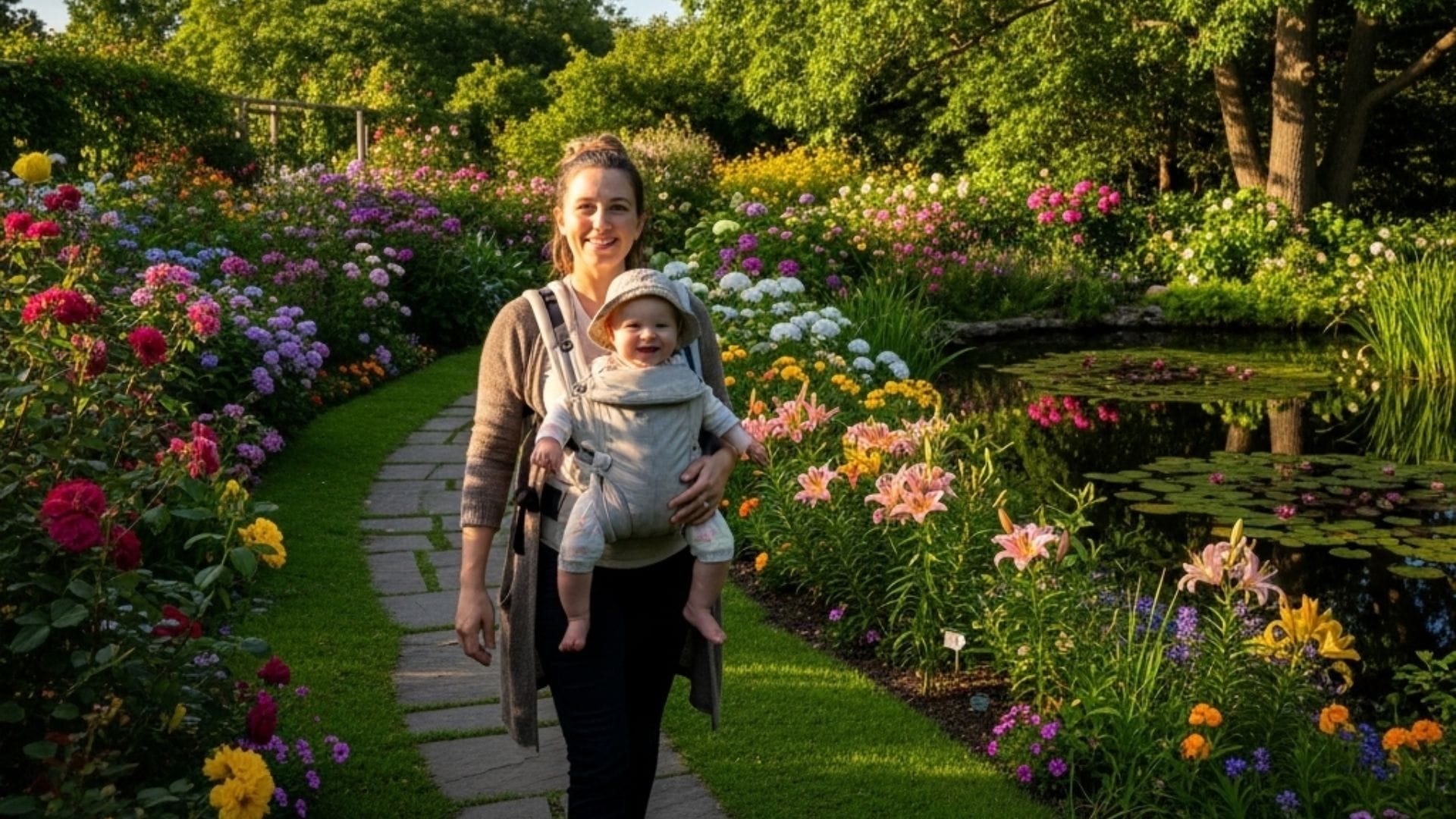 A-mother-with-a-cozy-baby-carrier-holding-a-smiling-infant-in-a-garden