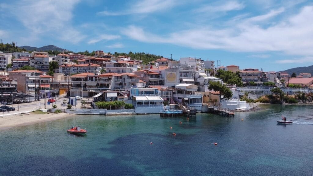 Chalkidiki-Greek-coastal-village-landscape-drone-shot