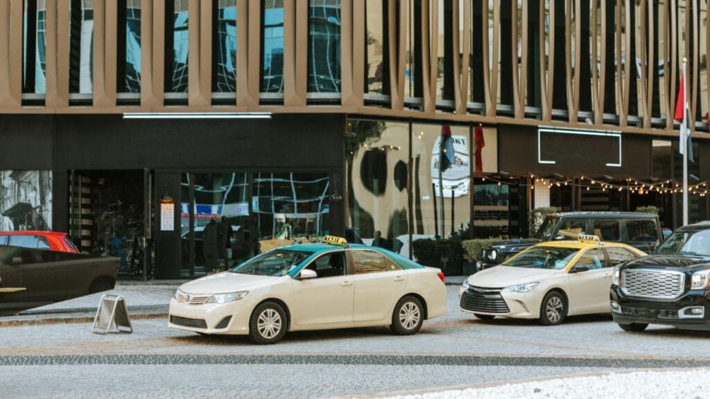 Taxi-car-parked-at-downtown-in-Dubai